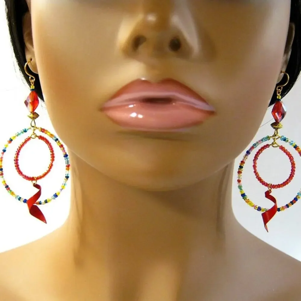 Set of Handcrafted BOHO style Glass Beaded Hoop and Chandelier Drop Earrings